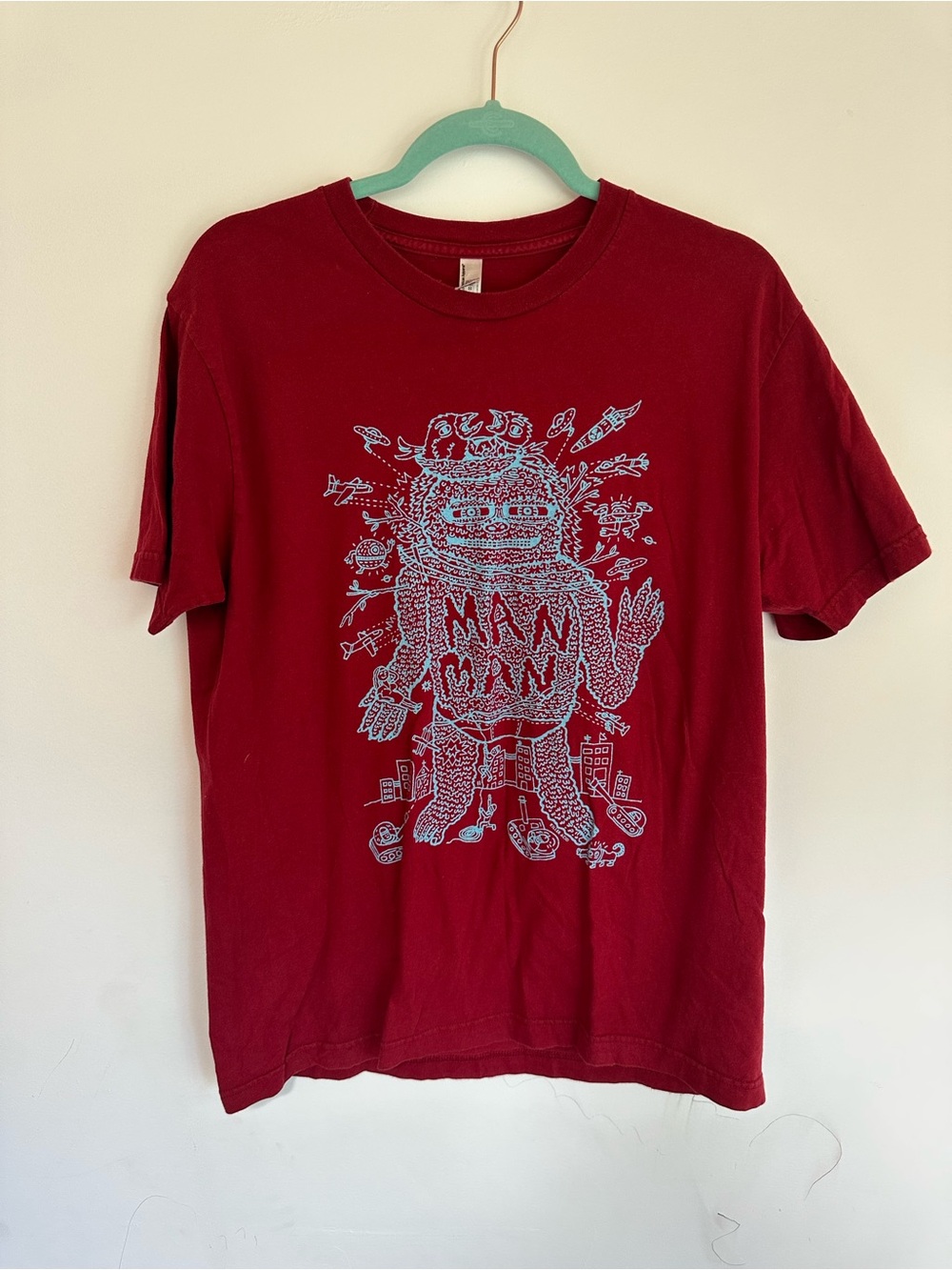 American Apparel Red Tee with Light Blue Monster Graphic